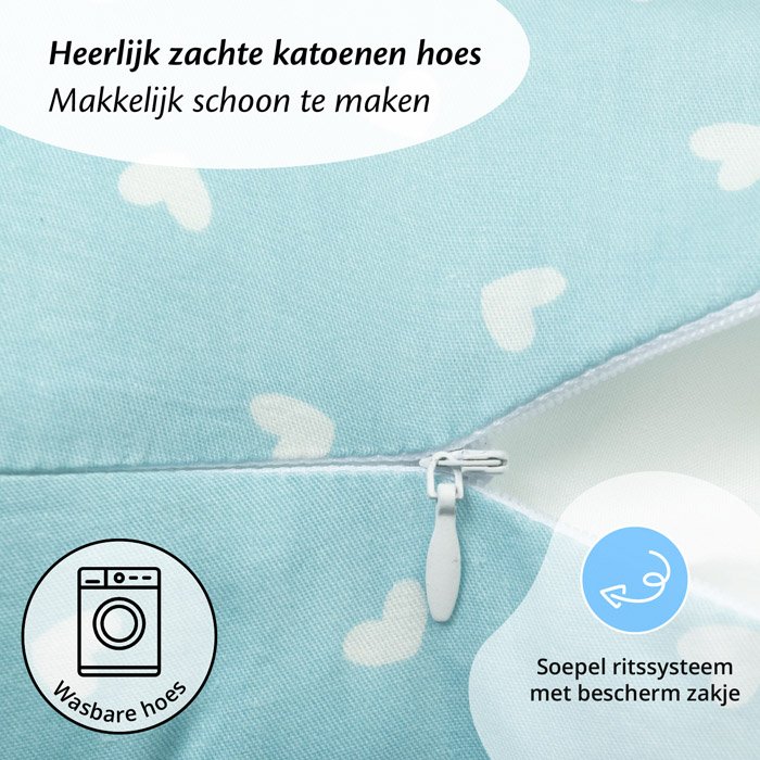 Het voedingskussen van Ella heeft een wasbare hoes die je gemakkelijk met een rits kan vervangen