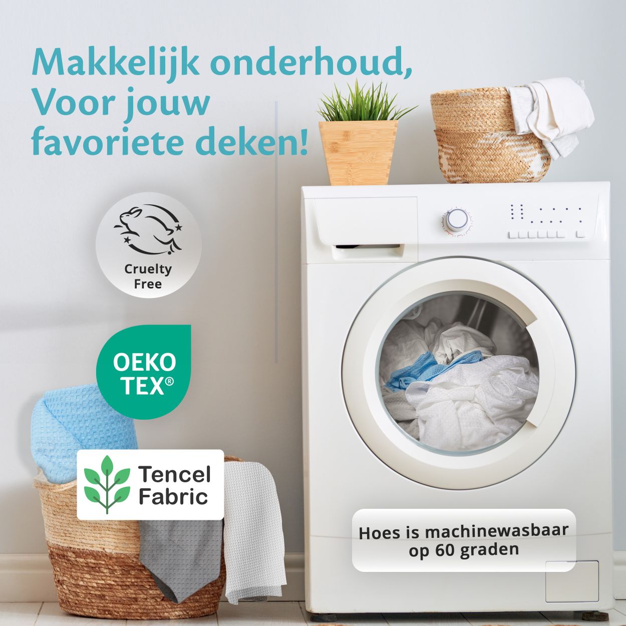 Koeldeken van Tencel, OEKO TEX® gecertificeerd, machinewasbaar op 60 graden, gemakkelijk in onderhoud en diervriendelijk.