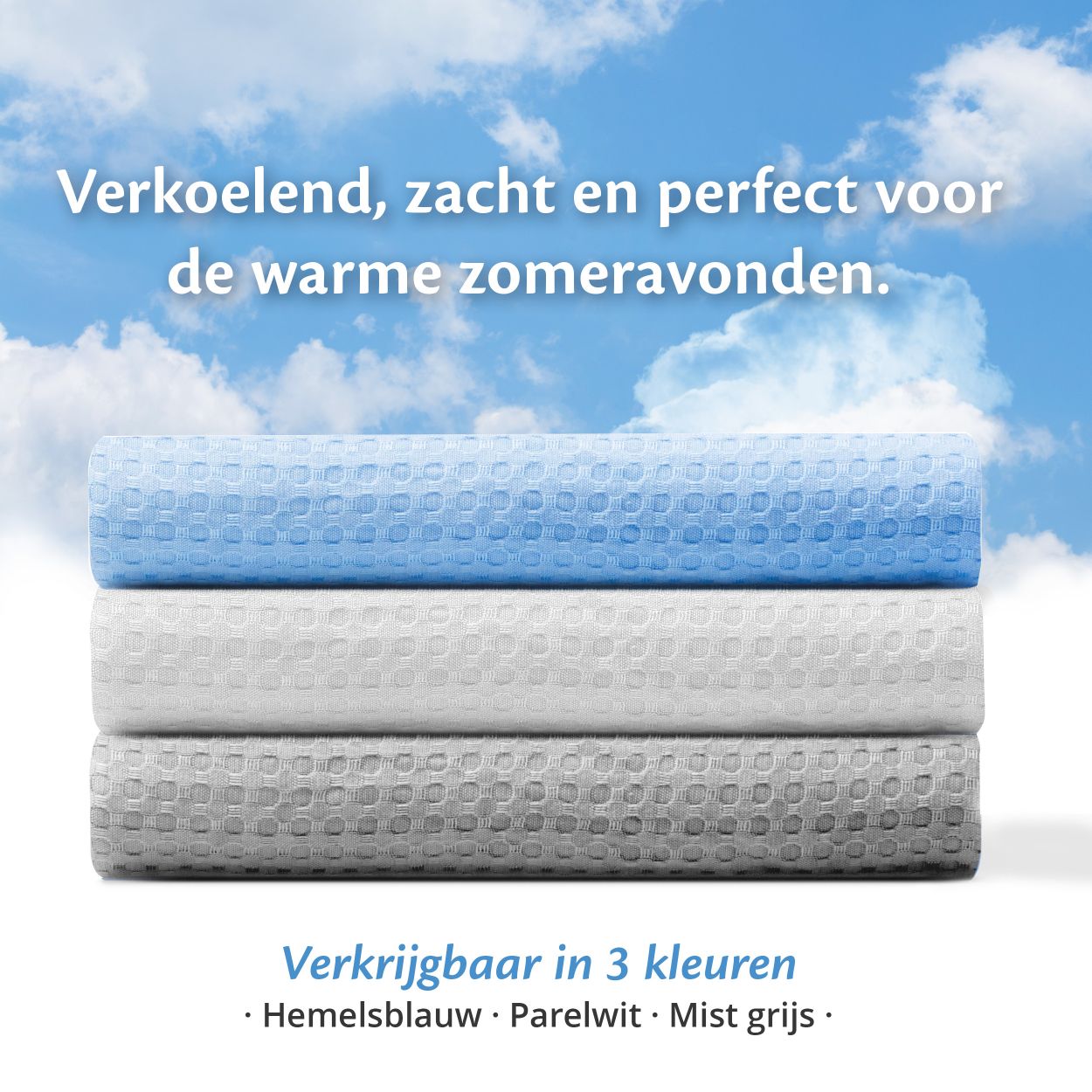 Koeldeken in drie kleuren, maten 135x200 cm en 200x200 cm, biedt verkoeling voor een aangename slaapervaring.