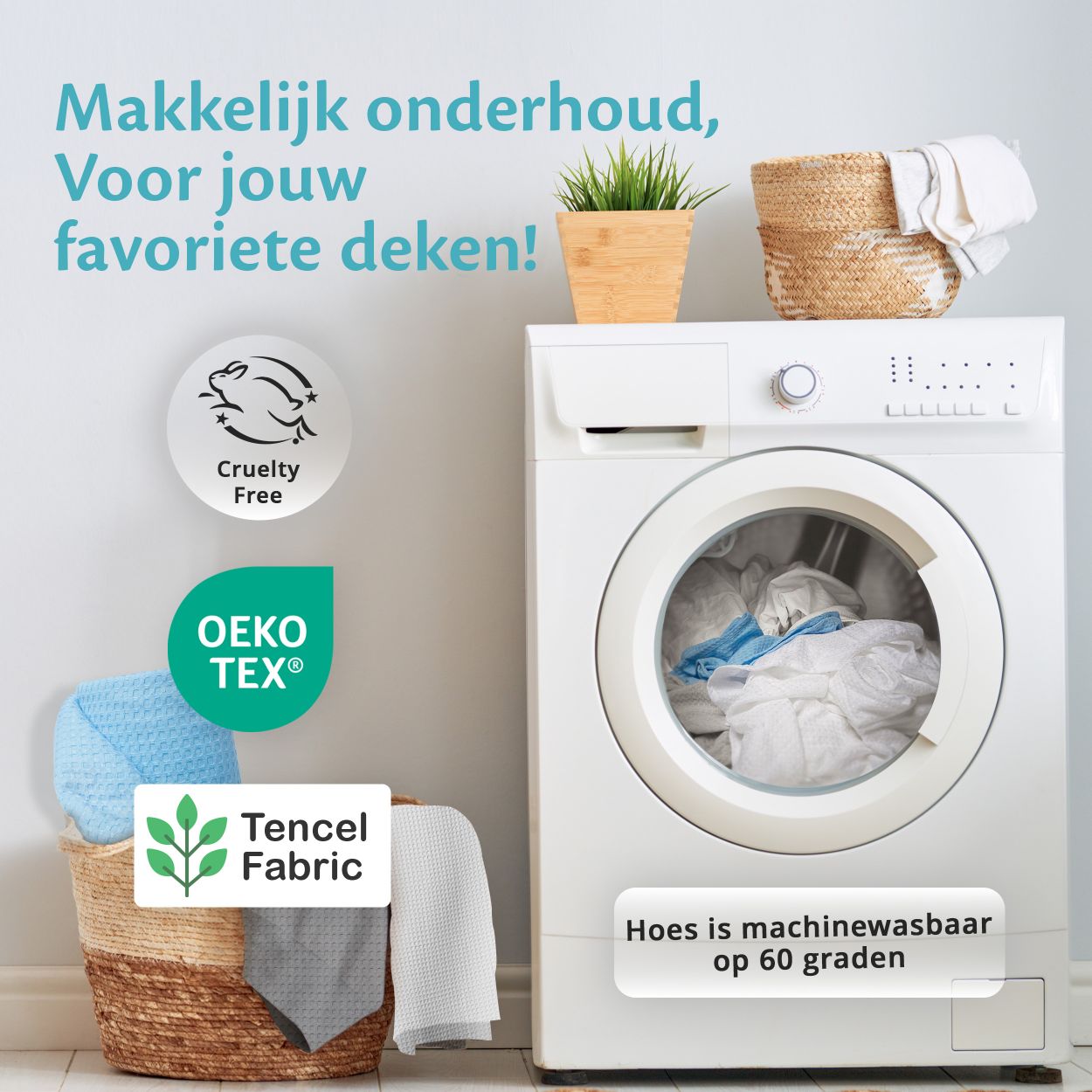 Koeldeken van Tencel, OEKO TEX® gecertificeerd, machinewasbaar op 60 graden, gemakkelijk in onderhoud en diervriendelijk.
