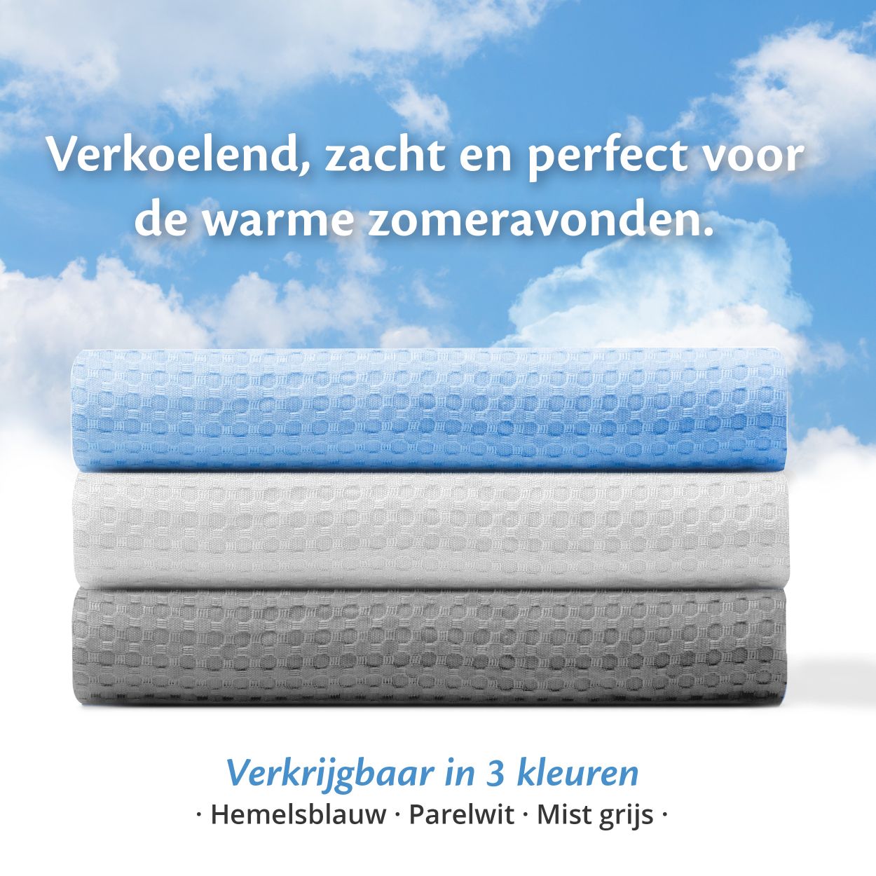 Koeldeken in drie kleuren, maten 135x200 cm en 200x200 cm, biedt verkoeling voor een aangename slaapervaring.