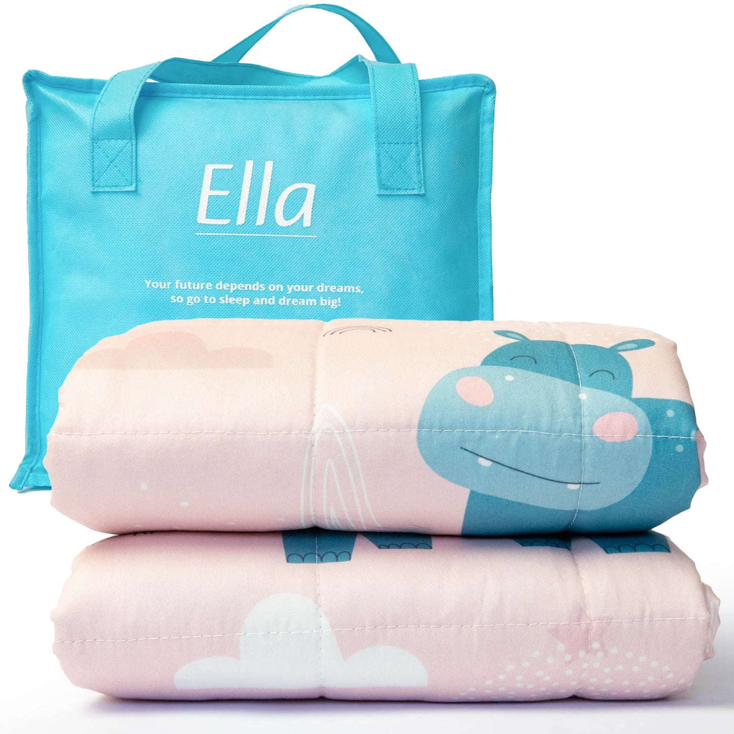 Een blauw-roze deken met een schattig roze olifantje, perfect voor kinderen en met een hippo-print.