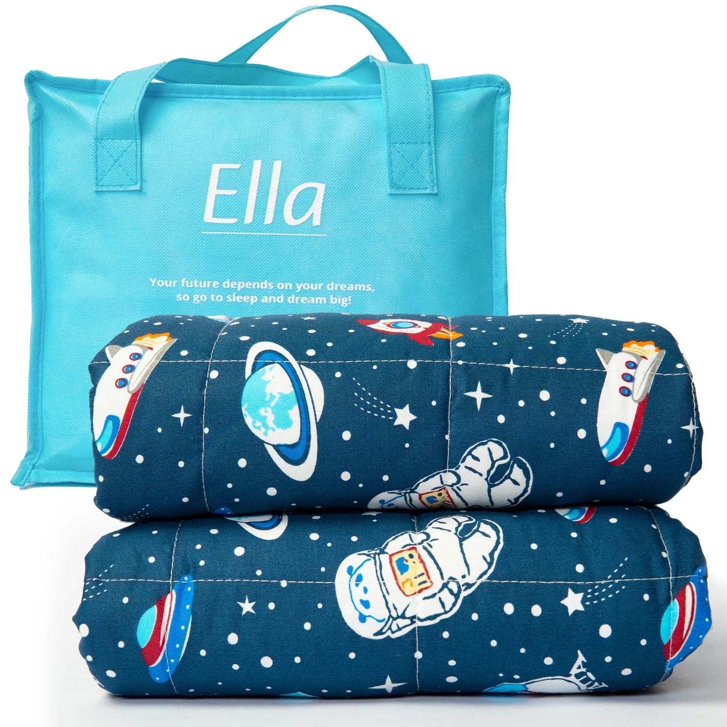 Een blauwe Verzwaringsdeken met ruimteontwerpen en een blauwe tas, perfect voor een kind dat van sterren en planeten houdt.