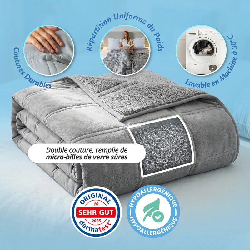 Couverture lestée Sherpa pliée : double couture, micro-billes de verre, lavable en machine à 30 °C, hypoallergénique