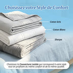 Les trois finitions de la couverture lestée Ella : coton gris, coton blanc et Sherpa