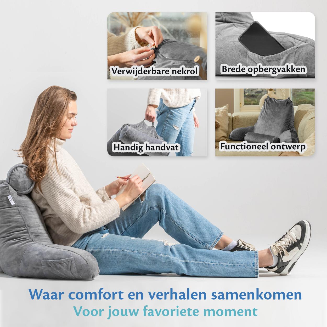 Een vrouw zit op een bank met een kussen en een leeskussen, genietend van een moment van ontspanning.