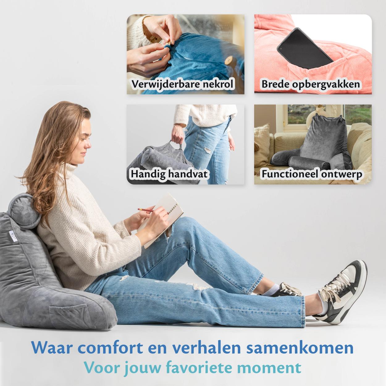 Vrouw op een bank met een kussen en een Ella Leeskussen, perfect voor een gezellige leeservaring.