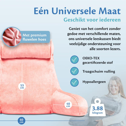 Een bed met een beschrijving van de kenmerken, inclusief het Ella Leeskussen voor extra comfort en ondersteuning.