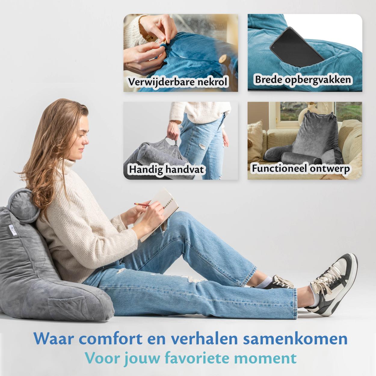Een vrouw ontspant op de bank met een kussen en een Ella Leeskussen, klaar om te genieten van haar boek.