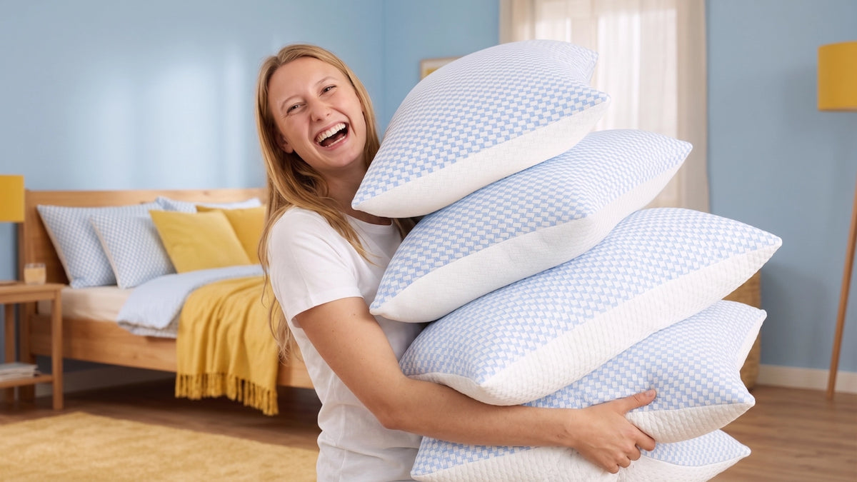 Stapel witte Ella hoofdkussens op een bed met een lachende vrouw op de achtergrond.
