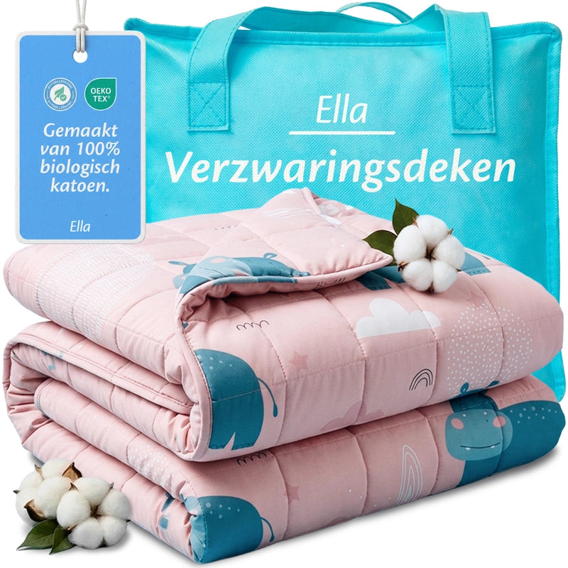 Ella Verzwaringsdeken Kind met hippo print en OEKO-TEX biologisch katoen inclusief opbergtas