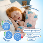 Slapend kind onder Ella verzwaringsdeken met uitleg over diepe drukstimulatie en ontspanning