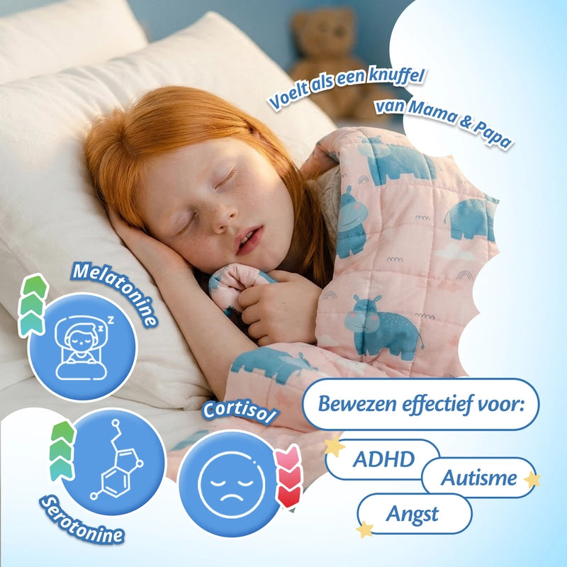 Slapend kind onder Ella verzwaringsdeken met uitleg over diepe drukstimulatie en ontspanning