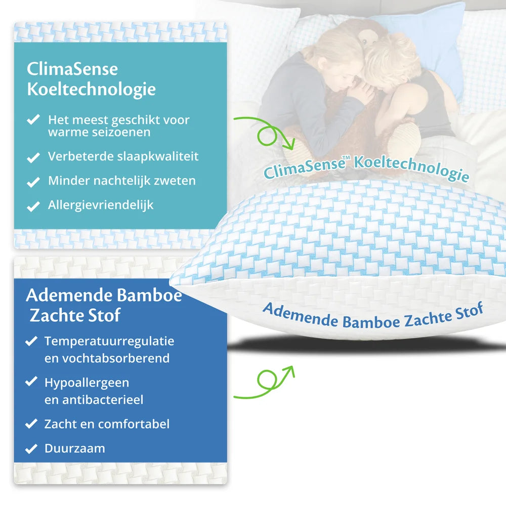Detailoverzicht van Ella kinderkussen met ClimaSense koelende zijstof en visgraatpatroon hoes.