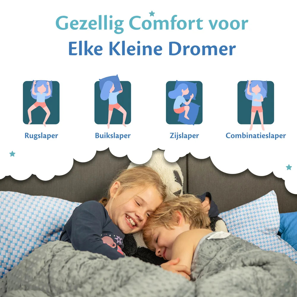 Twee kinderen slapen samen op Ella kinderkussens, geschikt voor rugslapers, zijslapers en combinatieslapers.