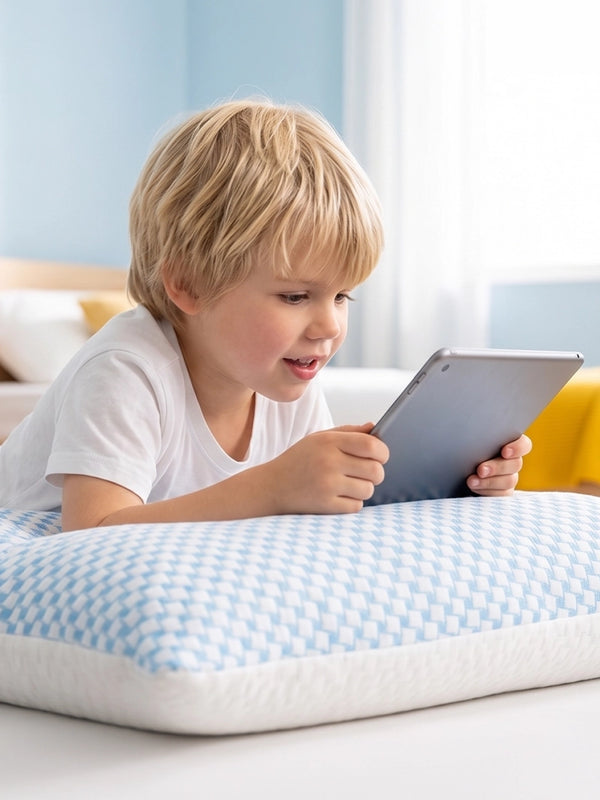 Kind ligt in bed met een tablet op een wit Ella kinderhoofdkussen.