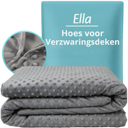 Ella hoes voor verzwaringsdeken in grijs, close-up van rits en label.