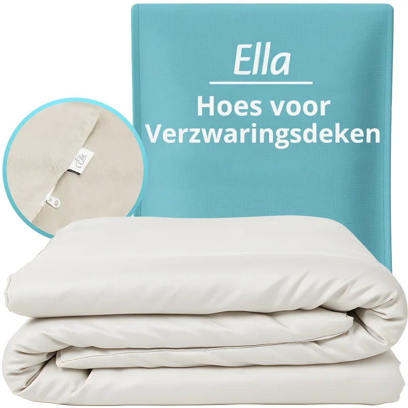 Ella hoes voor verzwaringsdeken in organisch wit, close-up van rits en label.