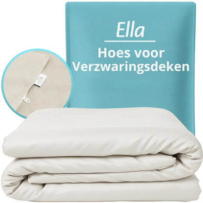 Ella hoes voor verzwaringsdeken in organisch wit, close-up van rits en label.