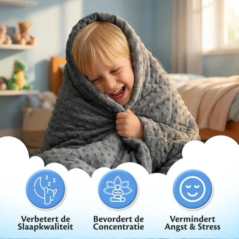 Kind onder Ella minky verzwaringsdeken met voordelen voor slaapkwaliteit concentratie en ontspanning