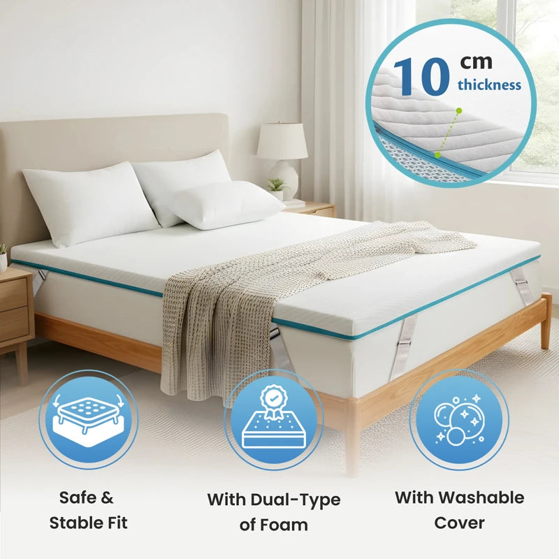 Ella 10 cm dikke matrastopper op bed met veilige en stabiele pasvorm, dual-type foam en afneembare wasbare hoes.