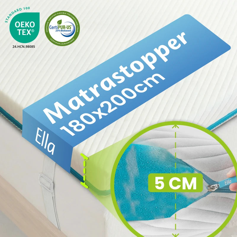 Ella Matrastopper 180x200 cm met 5 cm dikte, OEKO-TEX en CertiPUR-US certificering, met ondersteunende schuimlaag voor extra slaapcomfort.