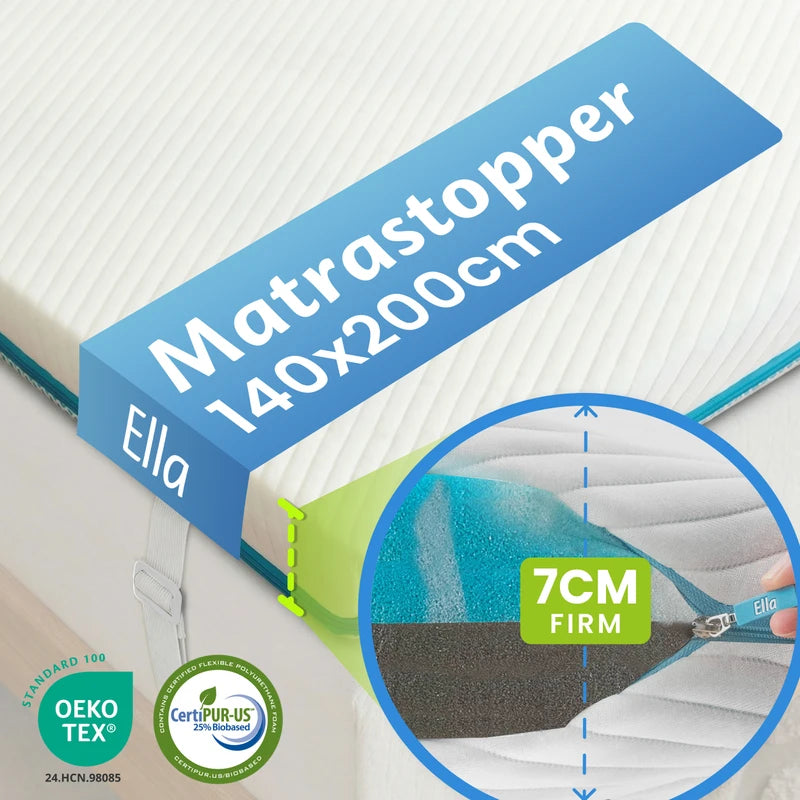 Ella Matrastopper 140x200 cm met 7 cm dikte in stevige uitvoering, OEKO-TEX en CertiPUR-US certificering, met ondersteunende schuimlagen voor extra slaapcomfort.