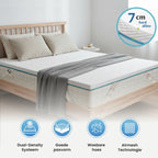 Ella Stevige Matrastopper van 7 cm dik op bed met dual-density systeem, wasbare hoes en ademende AirMesh-technologie.