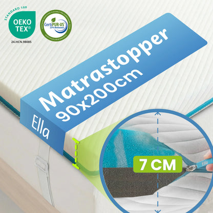 Ella Matrastopper 90x200 cm met 7 cm dikte in stevige uitvoering, OEKO-TEX en CertiPUR-US certificering, met ondersteunende schuimlagen voor extra slaapcomfort.