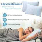 Overzicht van Ella hoofdkussens met voordelen zoals verbeterde slaapkwaliteit en nekondersteuning, getoond in gebruik.