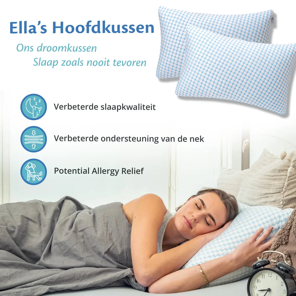 Overzicht van Ella hoofdkussens met voordelen zoals verbeterde slaapkwaliteit en nekondersteuning, getoond in gebruik.
