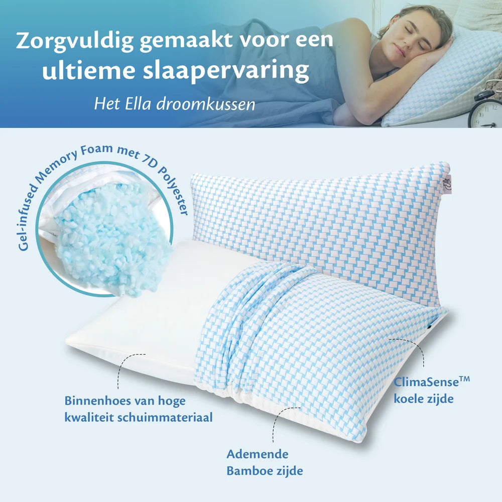 Ella droomkussen met opengewerkte lagen, gel infused memory foam vulling en ademende bamboe zijde.