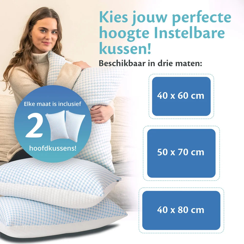 Ella instelbaar hoofdkussen met keuze uit drie maten, inclusief twee hoofdkussens per set.