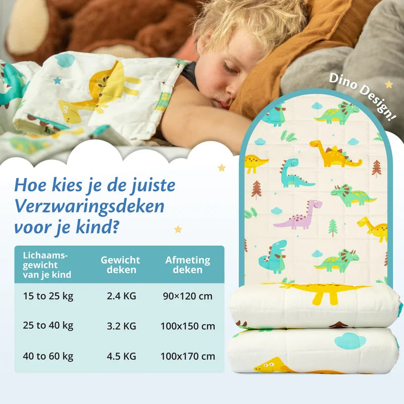 Slapend kind met Ella verzwaringsdeken in dino-design en maattabel voor kinderdekens.