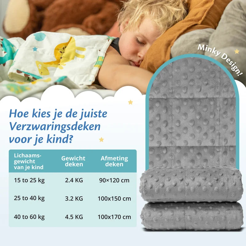 Slapend kind met Ella verzwaringsdeken en maattabel voor Minky verzwaringsdeken kind