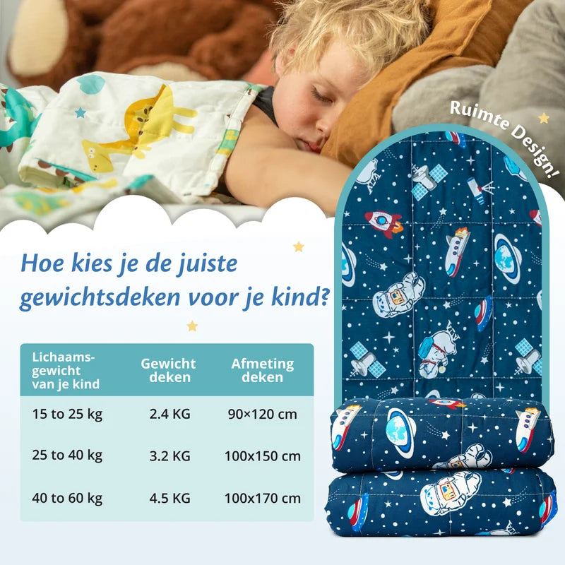 Een kind dat vredig slaapt op een zacht kussen, bedekt met een verzwaard deken voor extra comfort. Hoe kies je het juiste gewicht voor een verzwaringsdeken voor je kind?