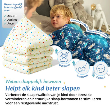 Kind onder Ella verzwaringsdeken met polka-dots print, met voordelen voor ADHD, autisme en angst.
