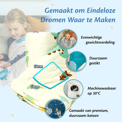 Detail van Ella verzwaringsdeken in dino-design met gewichtsvakken, stiksels en wasbaar icoon.