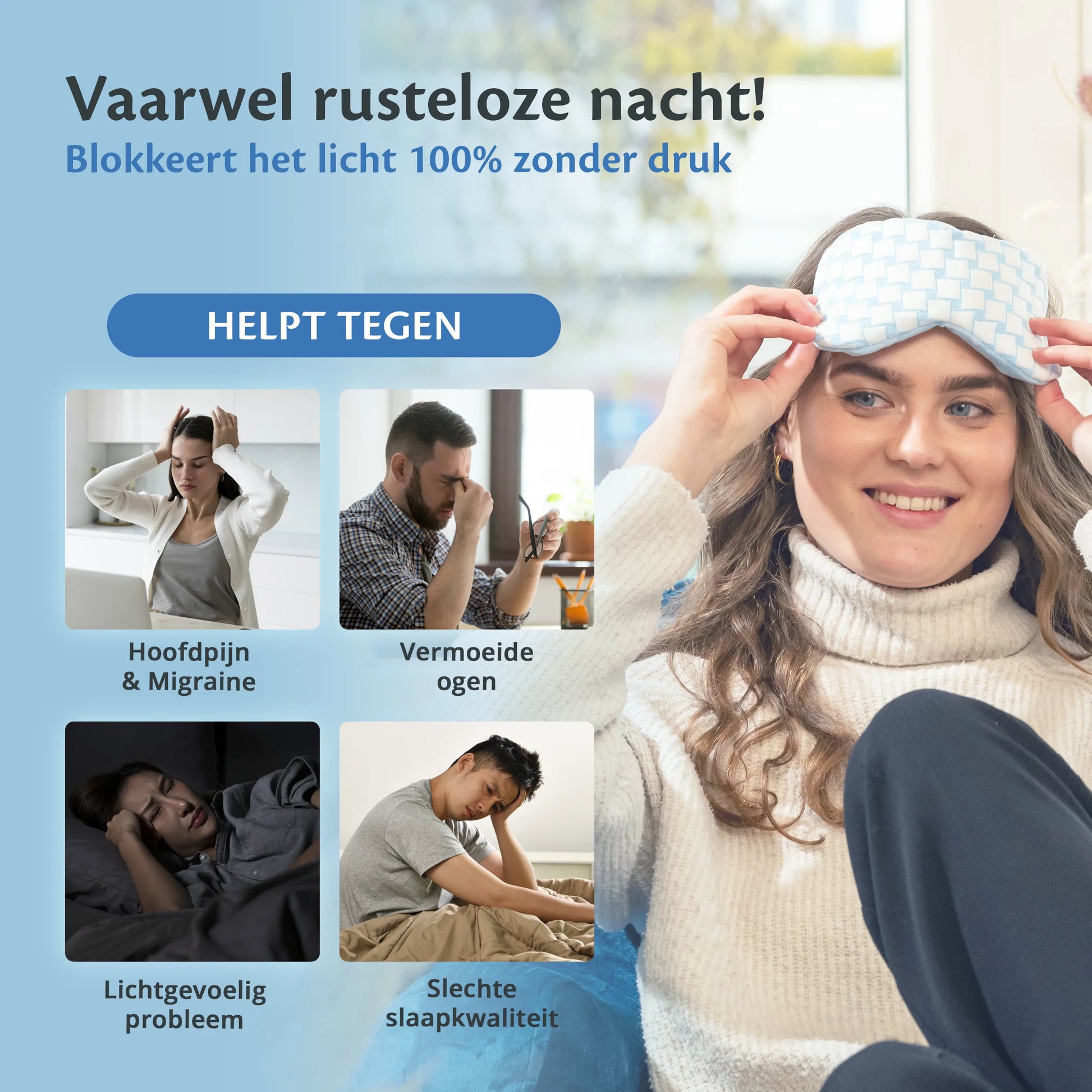 Een vrouw met gesloten ogen ligt op een kussen, ontspannen met het Ella Verzwaard slaapmasker tegen hoofdpijn en vermoeide ogen.
