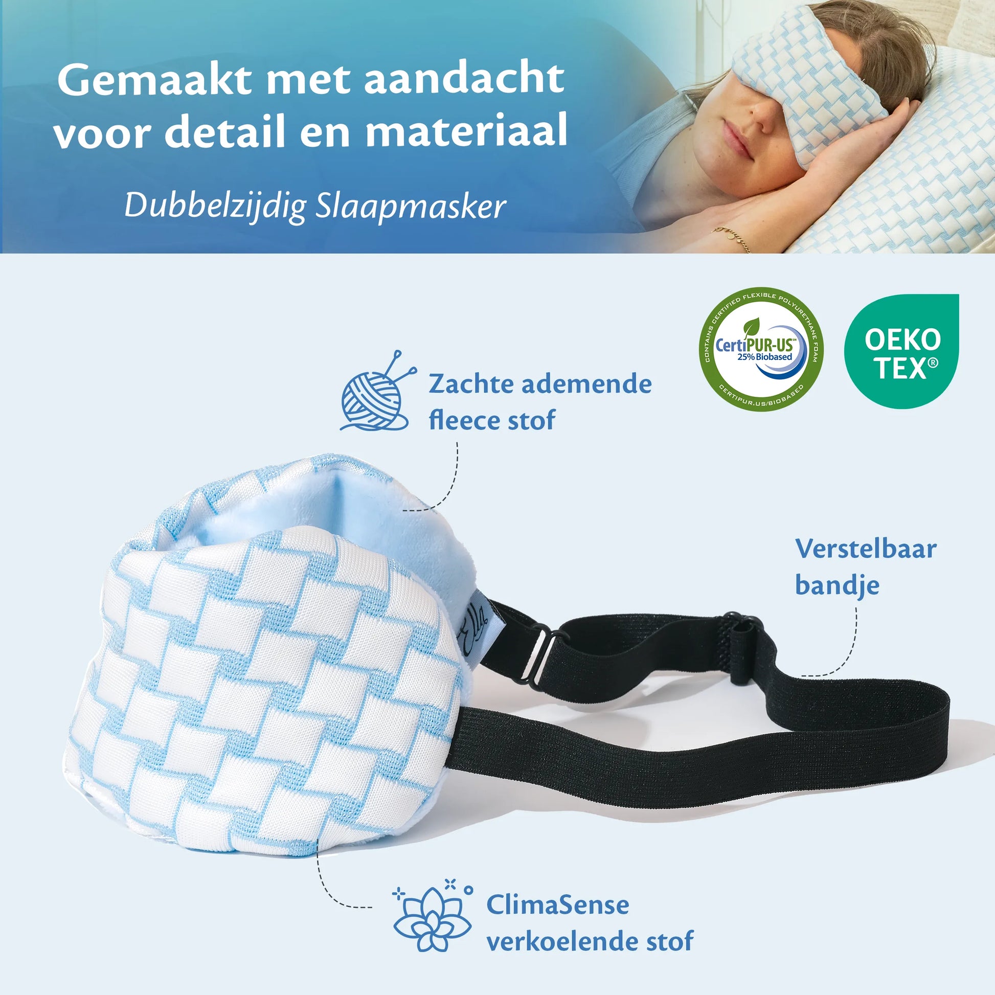 Slaapmasker met een strap, ontworpen met zorg voor een rustige en comfortabele slaap.