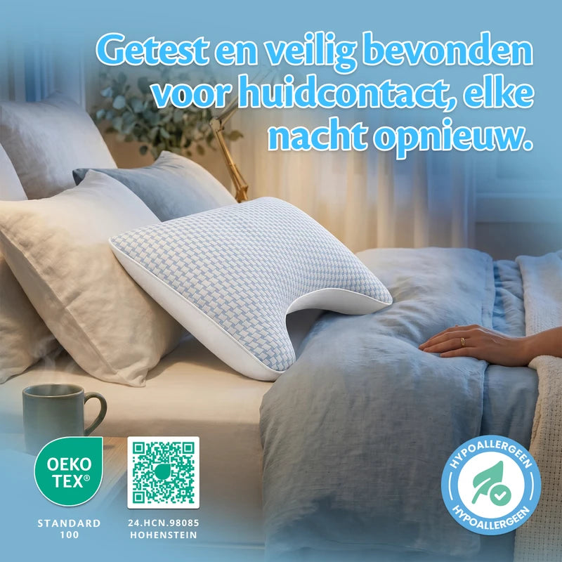 Ella Moon Hoofdkussen op opgemaakt bed – OEKO-TEX gecertificeerd en hypoallergeen voor een veilige en comfortabele nachtrust