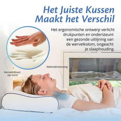 Vrouw ligt op orthopedisch kussen met handafdruk in traagschuim in ronde close-up.