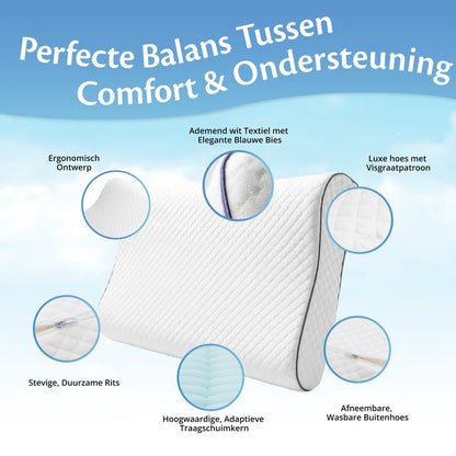 Orthopedisch kussen met verschillende detailcirkels die ontwerp, rits en stof tonen.