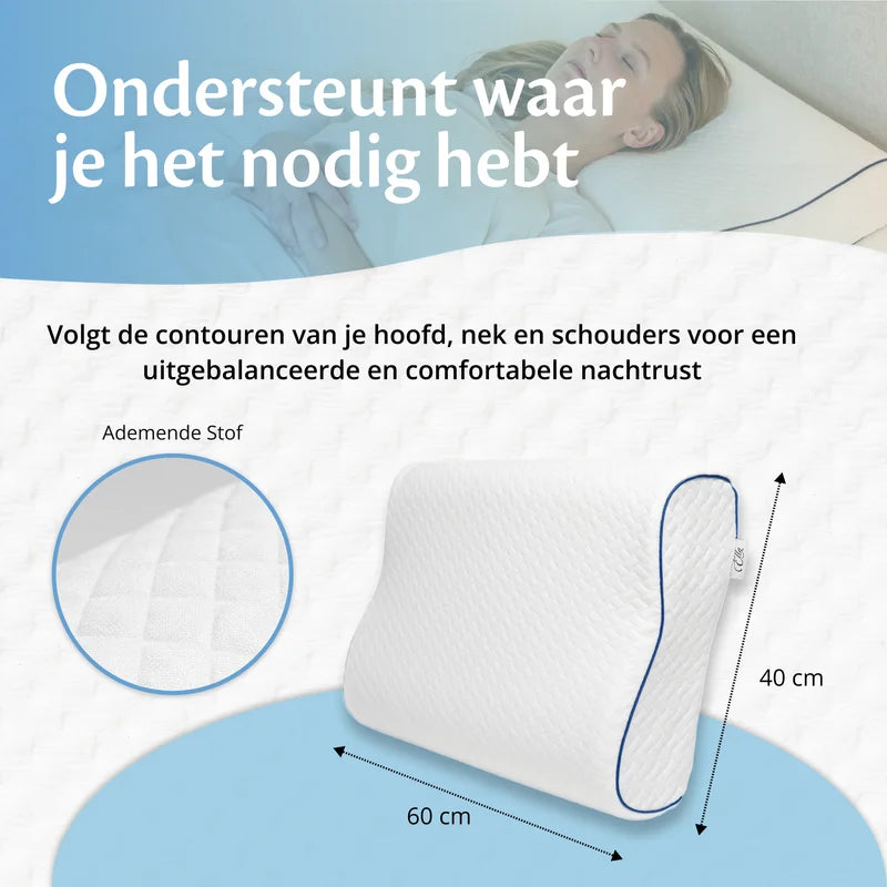 Orthopedisch hoofdkussen met afmetingen en detail van ademende stof, naast liggende vrouw.