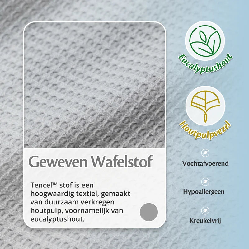 Close-up van het geweven wafelpatroon van de grijze Ella Koeldeken in 100% TENCEL stof, gemaakt van eucalyptushout — vochtafvoerend, hypoallergeen en kreukelvri