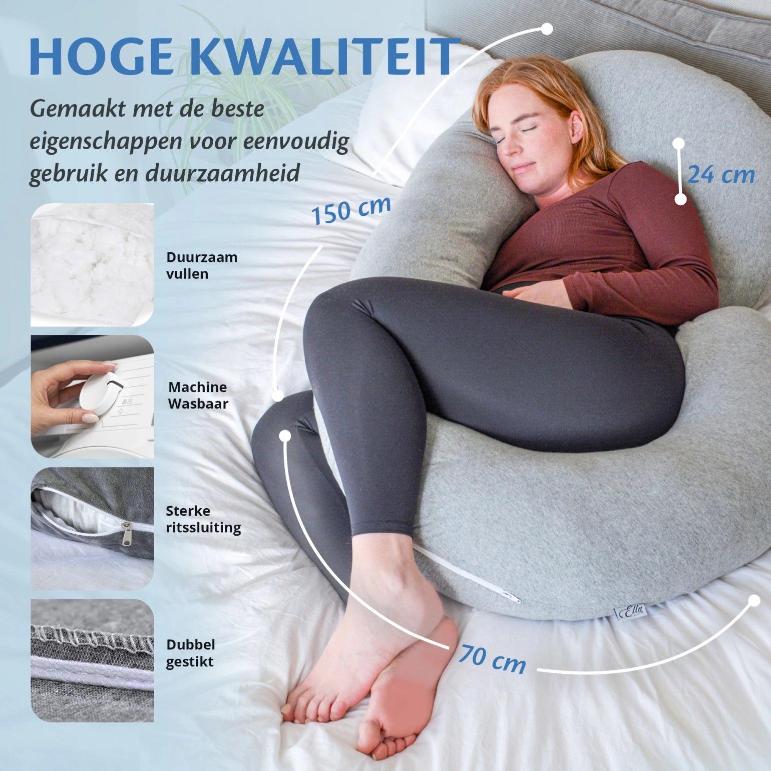 Een vrouw ligt ontspannen op een bed met een kussen en een zwangerschapskussen van Ella Sleeps, van hoge kwaliteit.