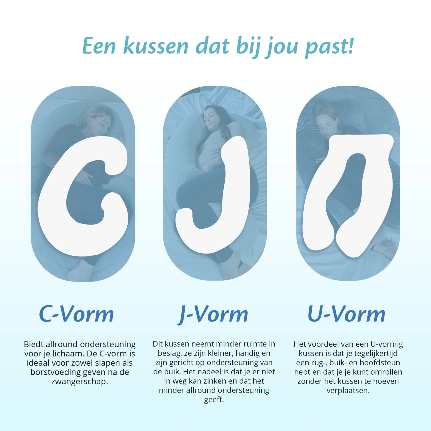 Poster promoot zwangerschapskussens van Ella Sleeps in verschillende C-, J- en U-vormen.
