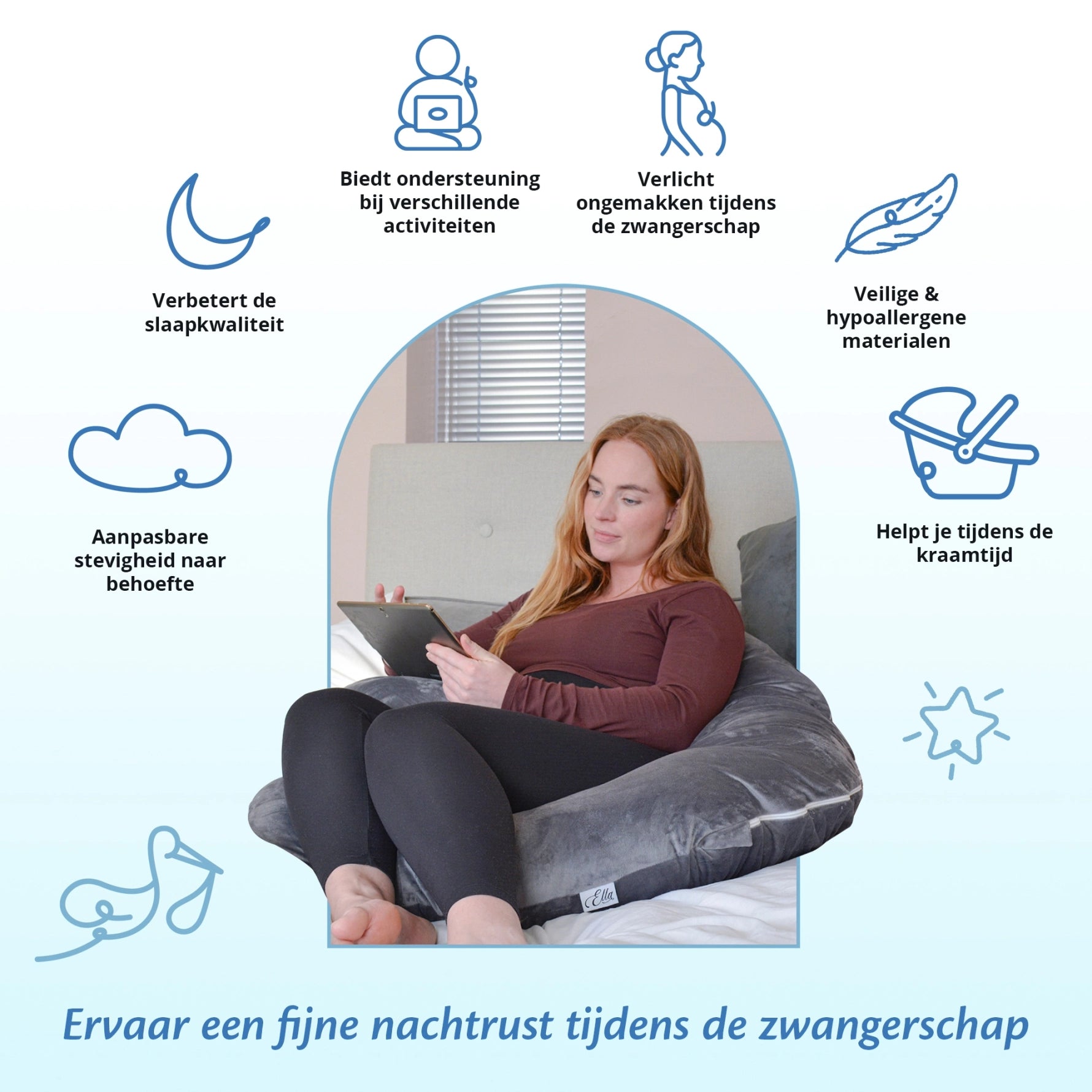 Een vrouw geniet van de steun van de zwangerschapskussens van Ella Sleeps.