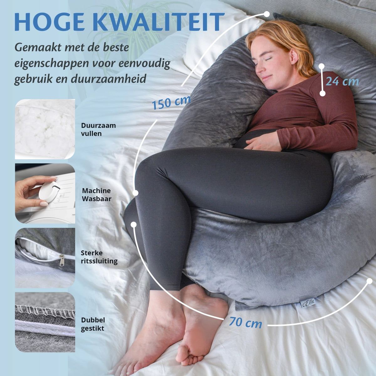 Vrouw op bed met een kussen en een zwangerschapskussen van Ella Sleeps, duurzaam en machinewasbaar.