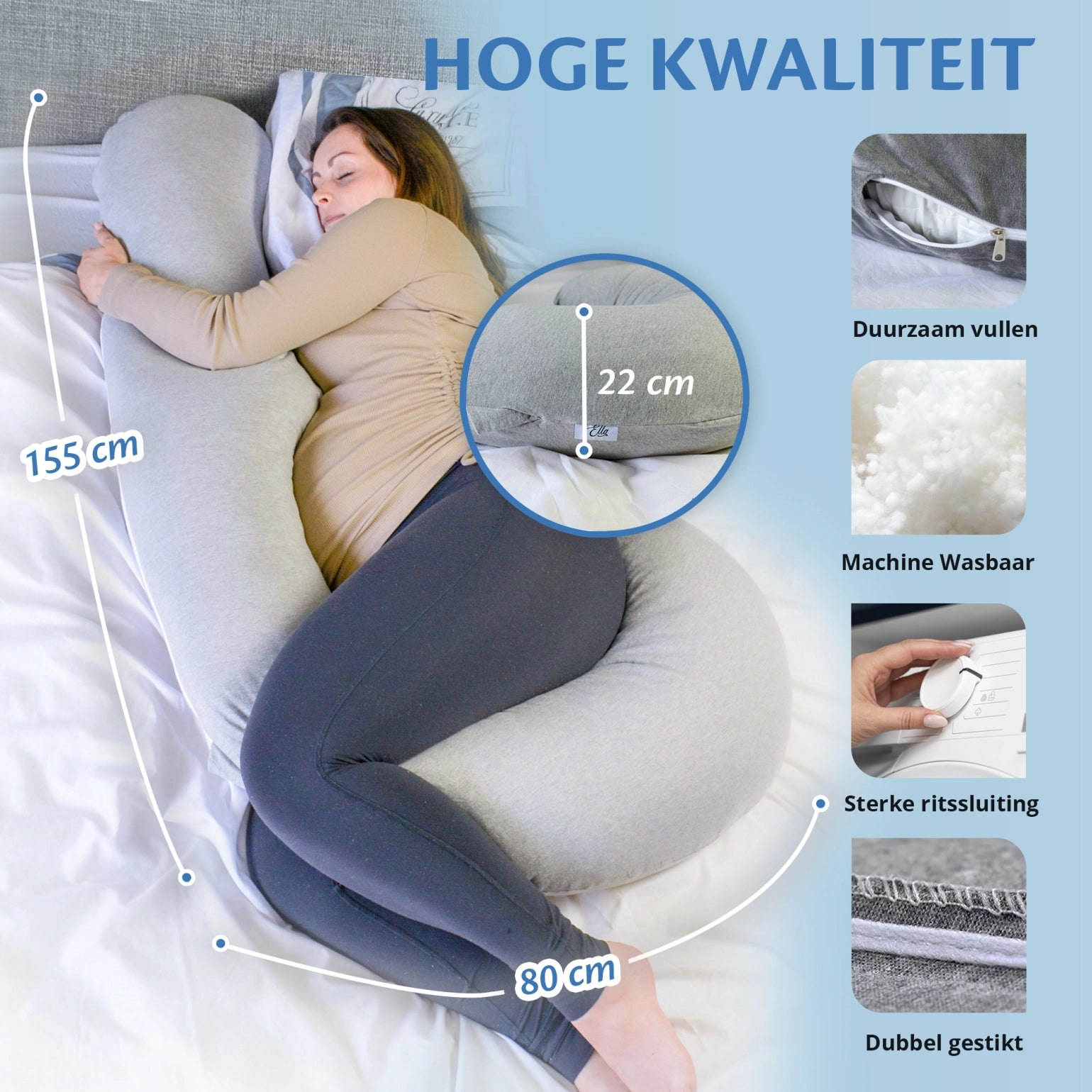 Een vrouw ligt ontspannen op een bed met een kussen en een zwangerschapskussen van Ella Sleeps, dubbel gestikt en duurzaam.